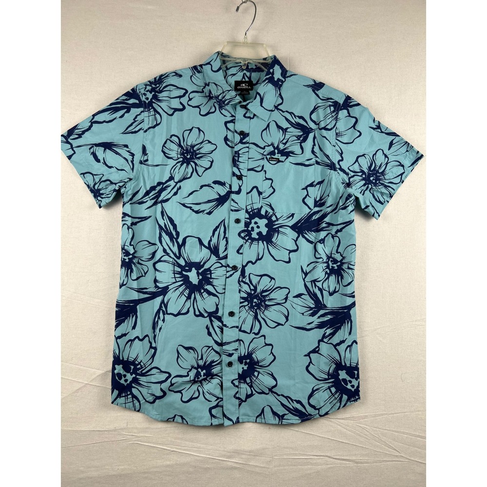 ONeill Mens Floral Button Down Shirt Large Aqua Blue Short Sleeve Standard Fit